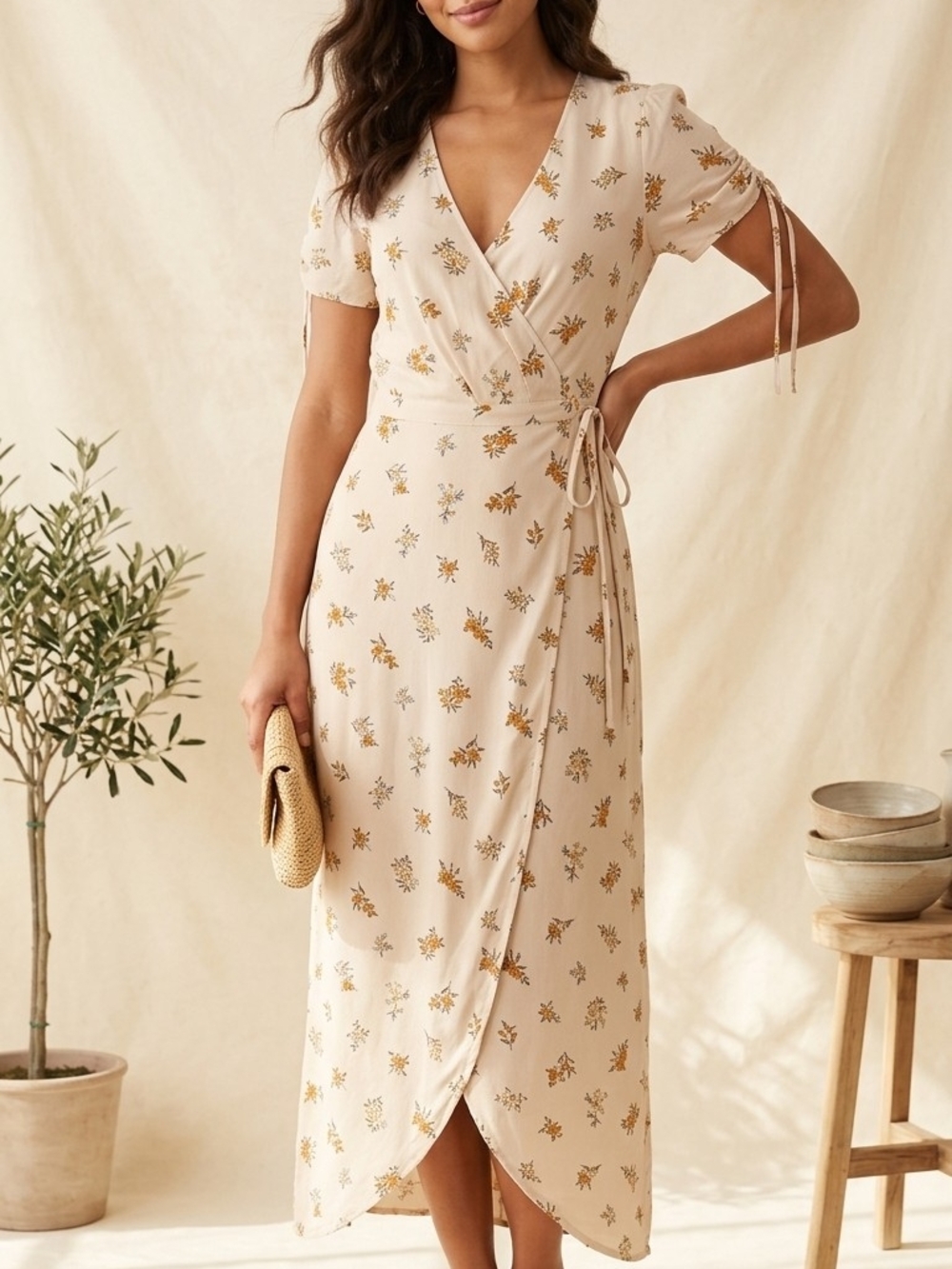 Cream Floral Wrap Midi Dress - Elegant Summer Wrap Dress